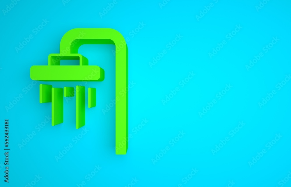 Green Shower head with water drops flowing icon isolated on blue background. Minimalism concept. 3D 