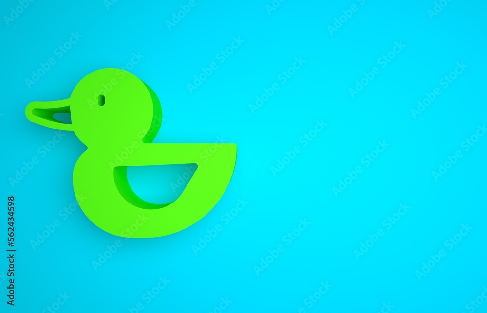 Green Rubber duck icon isolated on blue background. Minimalism concept. 3D render illustration