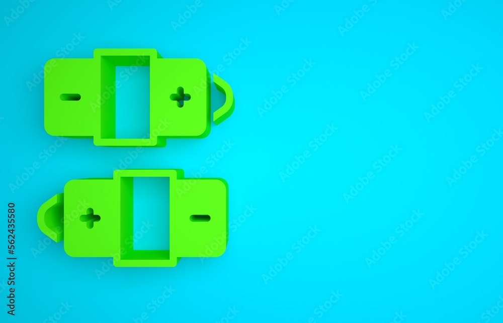 Green Battery icon isolated on blue background. Lightning bolt symbol. Minimalism concept. 3D render