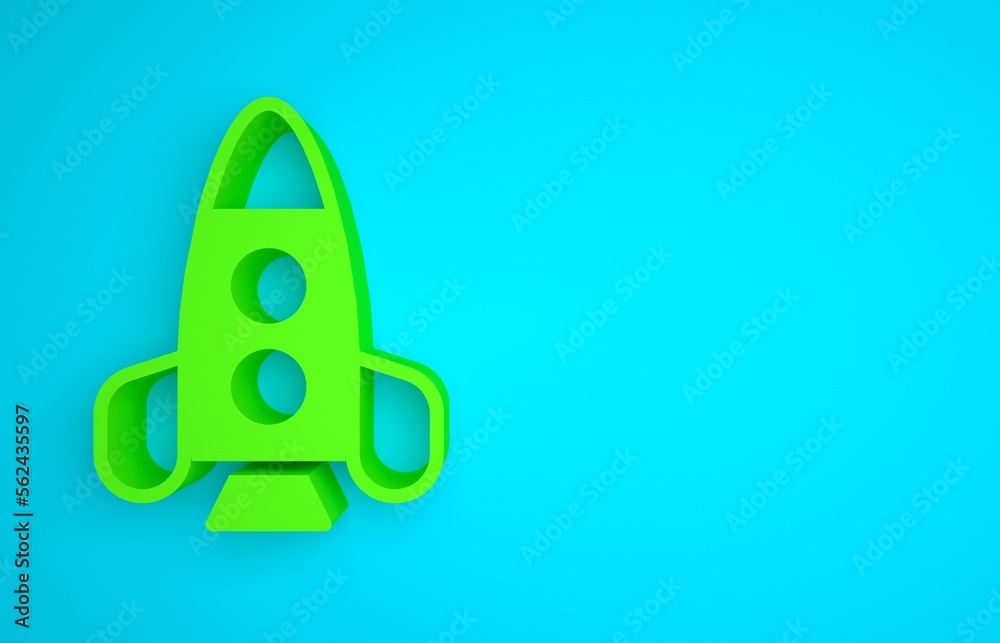 Green Rocket ship toy icon isolated on blue background. Space travel. Minimalism concept. 3D render 