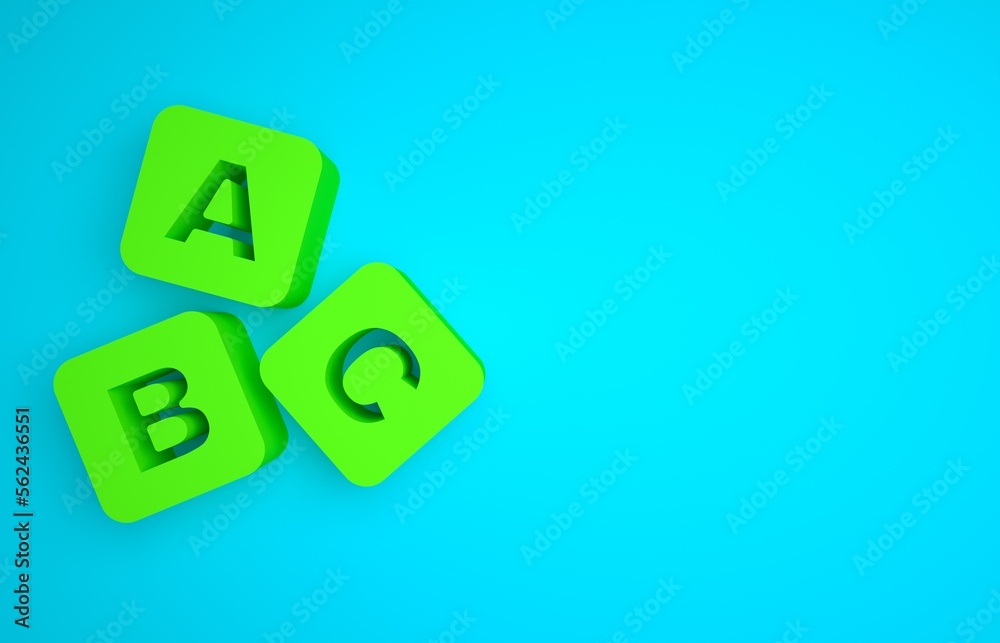 Green ABC blocks icon isolated on blue background. Alphabet cubes with letters A,B,C. Minimalism con