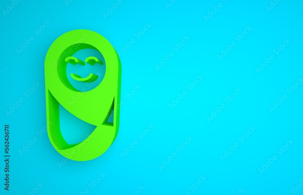 Green Newborn baby infant swaddled or swaddling icon isolated on blue background. Baby kid child wra