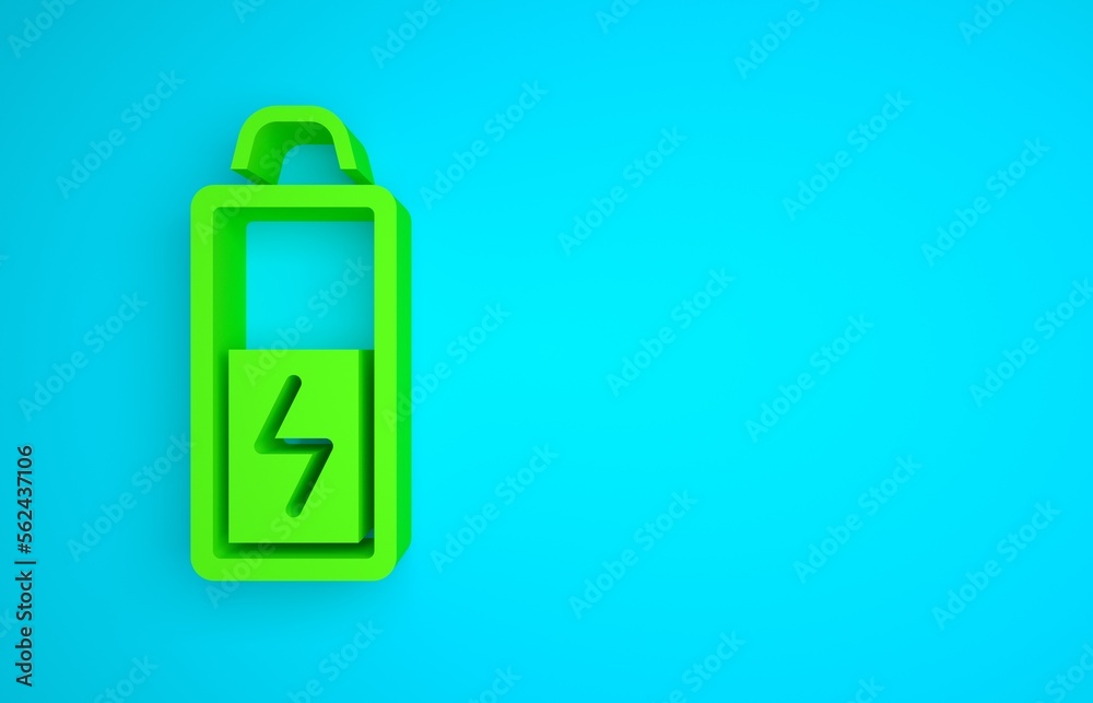 Green Battery icon isolated on blue background. Lightning bolt symbol. Minimalism concept. 3D render