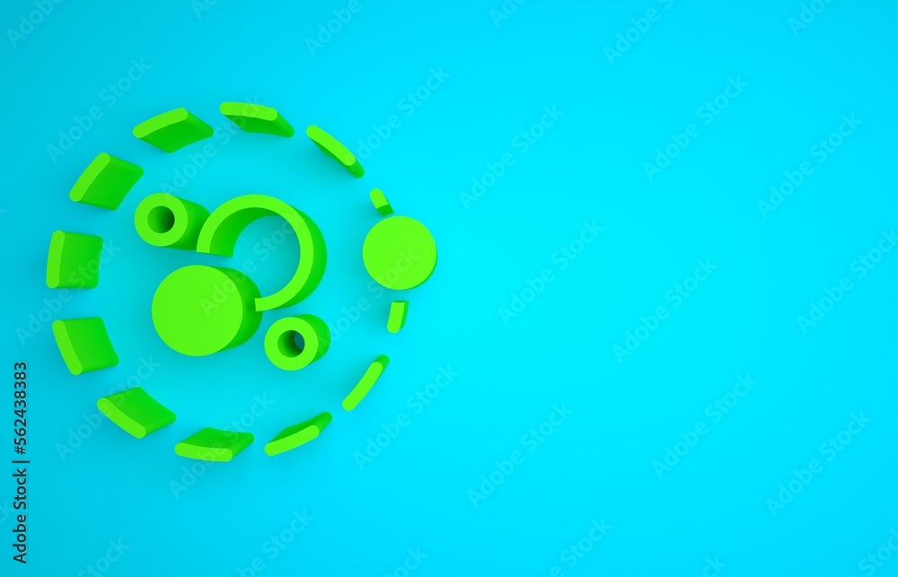 Green Atom icon isolated on blue background. Symbol of science, education, nuclear physics, scientif