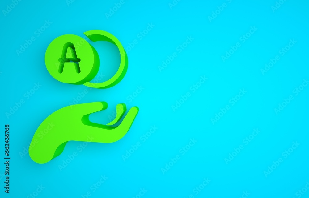 Green Atom icon isolated on blue background. Symbol of science, education, nuclear physics, scientif