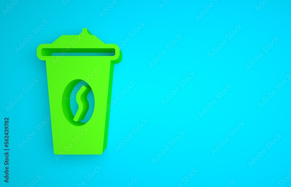 Green Coffee cup to go icon isolated on blue background. Minimalism concept. 3D render illustration