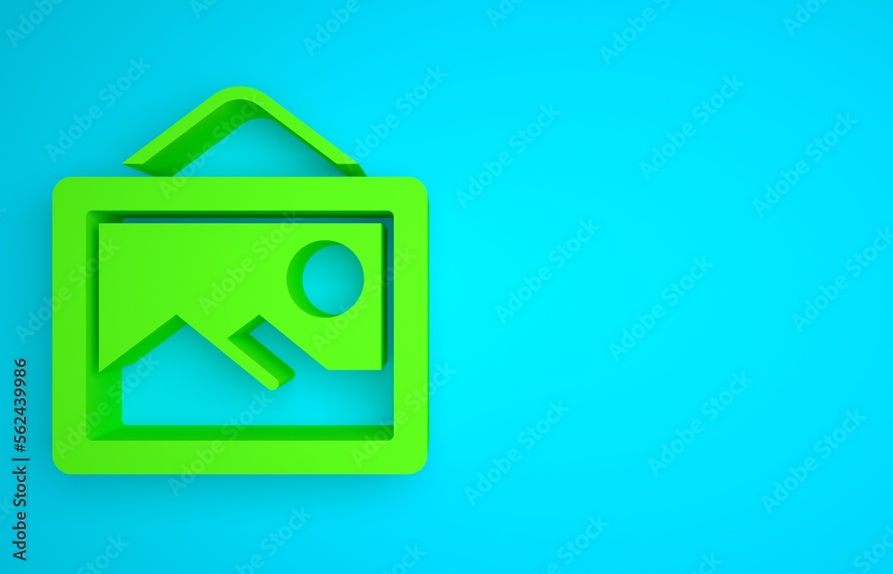 Green Picture landscape icon isolated on blue background. Minimalism concept. 3D render illustration