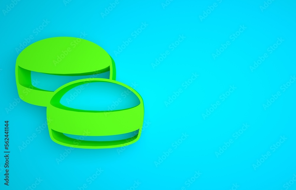 Green Macaron cookie icon isolated on blue background. Macaroon sweet bakery. Minimalism concept. 3D