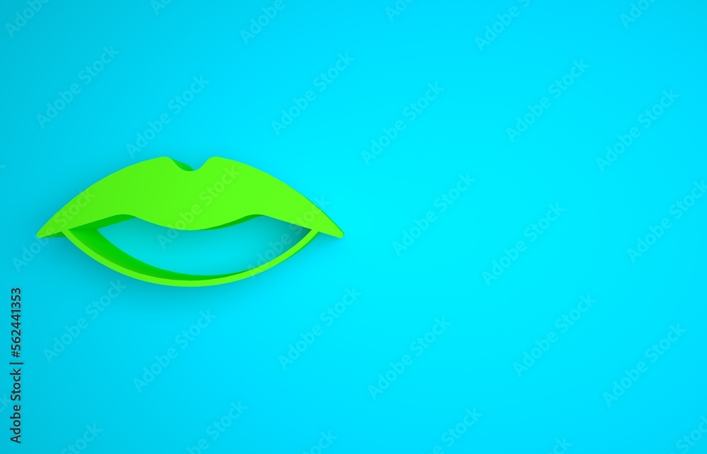 Green Smiling lips icon isolated on blue background. Smile symbol. Minimalism concept. 3D render ill