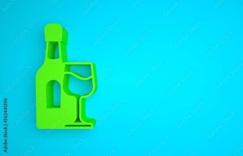 Green Wine bottle with glass icon isolated on blue background. Minimalism concept. 3D render illustr