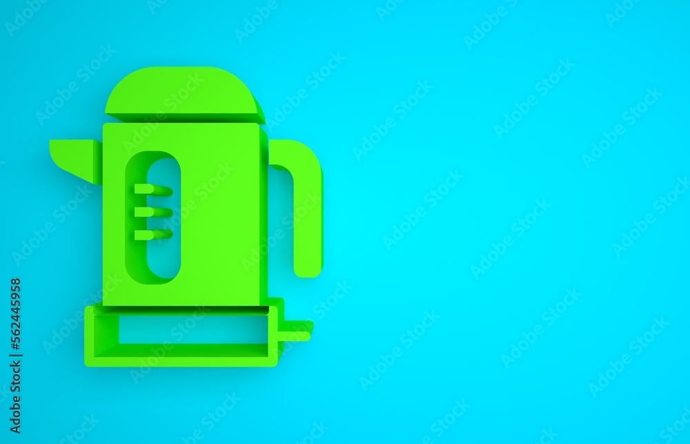 Green Electric kettle icon isolated on blue background. Teapot icon. Minimalism concept. 3D render i