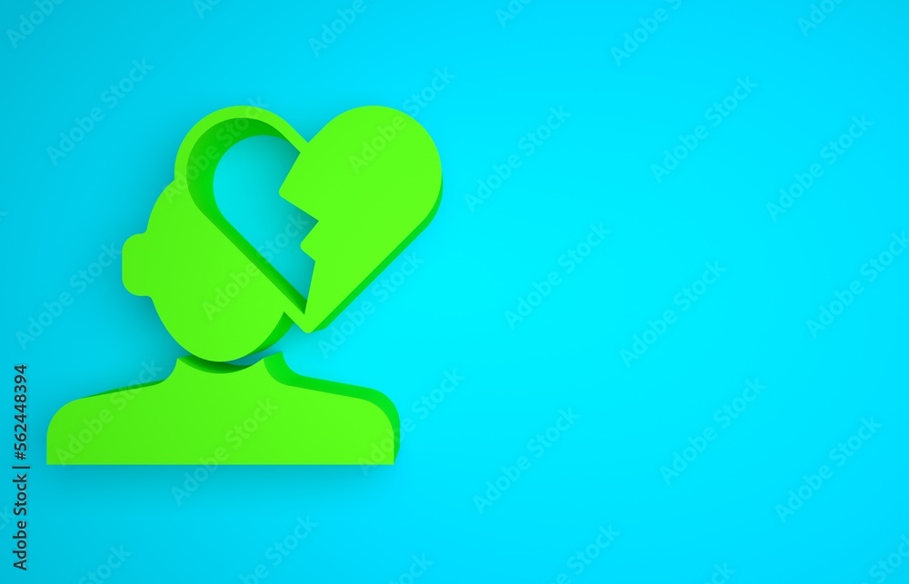 Green Broken heart or divorce icon isolated on blue background. Love symbol. Valentines day. Minimal