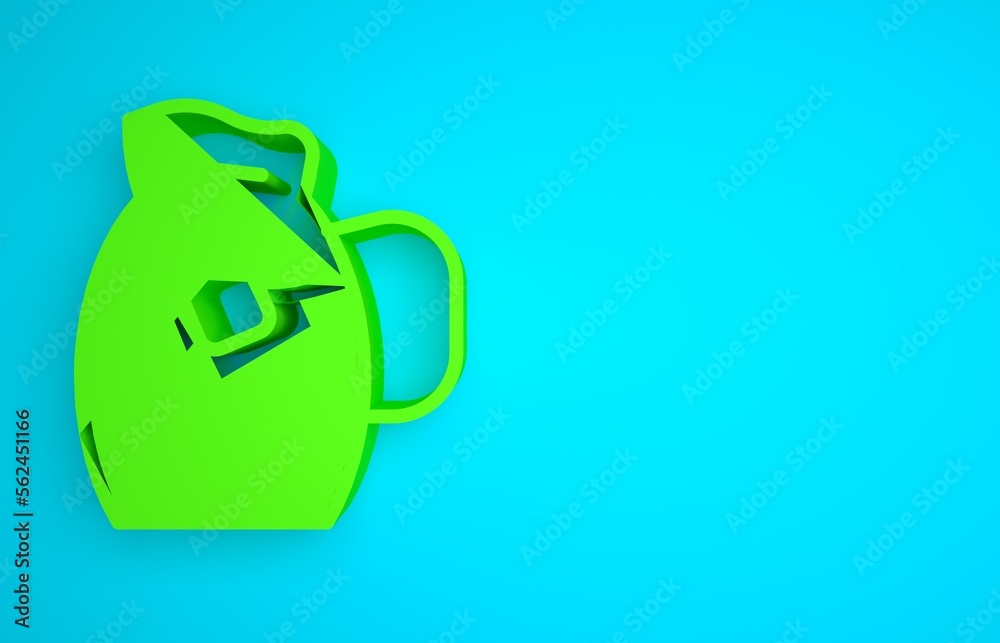 Green Jug glass with water icon isolated on blue background. Kettle for water. Glass decanter with d