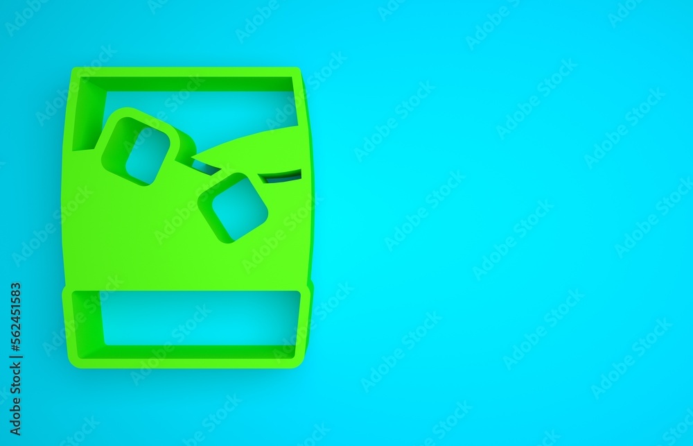 Green Glass of whiskey with ice cubes icon isolated on blue background. Minimalism concept. 3D rende