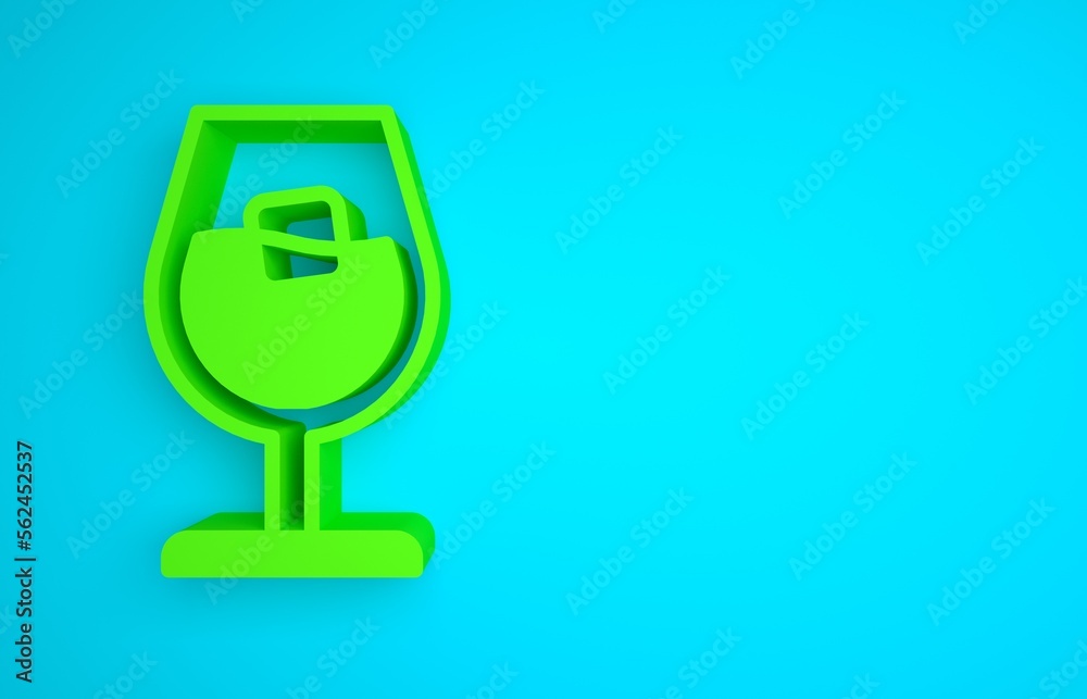 Green Wine glass icon isolated on blue background. Wineglass sign. Minimalism concept. 3D render ill