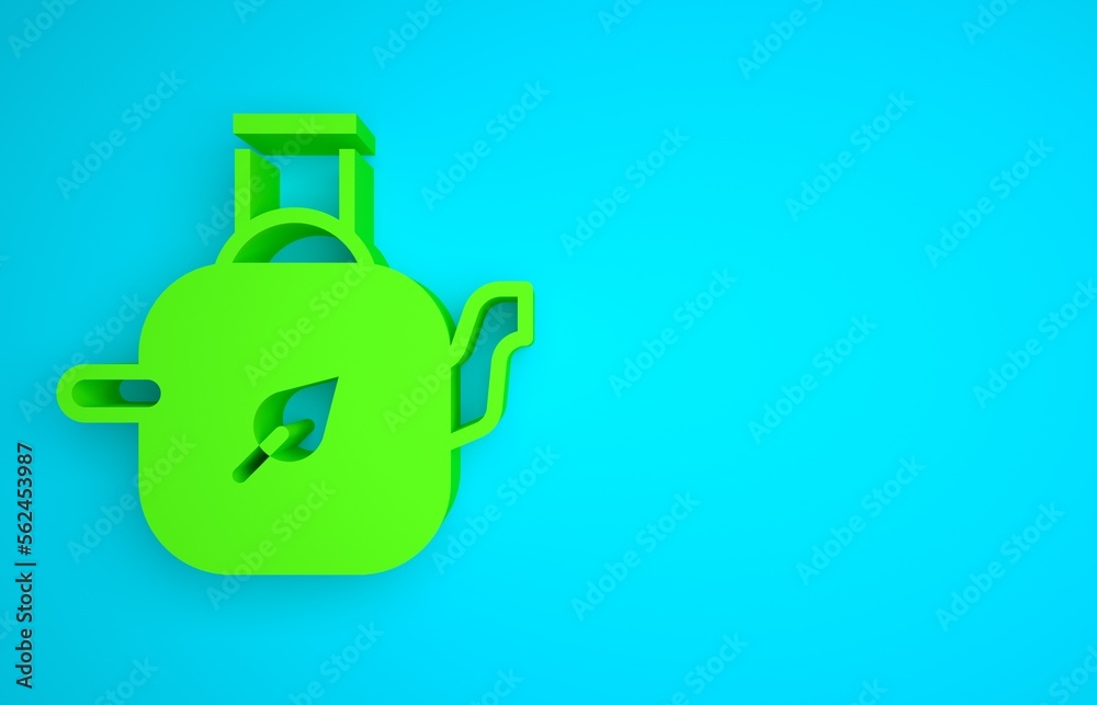 Green Teapot with leaf icon isolated on blue background. Minimalism concept. 3D render illustration