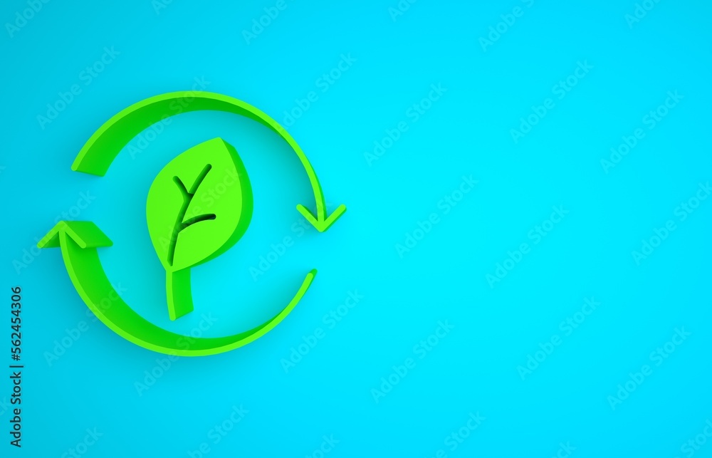 Green Recycle symbol with leaf icon isolated on blue background. Circular arrow icon. Environment re