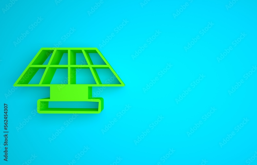 Green Solar energy panel icon isolated on blue background. Minimalism concept. 3D render illustratio