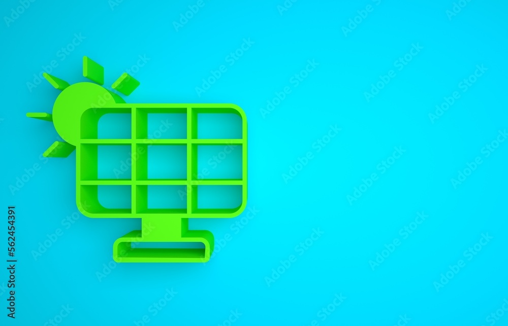 Green Solar energy panel icon isolated on blue background. Minimalism concept. 3D render illustratio