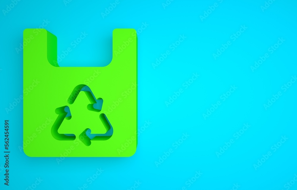 Green Paper shopping bag with recycle icon isolated on blue background. Bag with recycling symbol. M