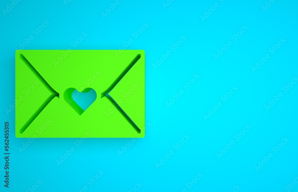 Green Envelope with Valentine heart icon isolated on blue background. Message love. Letter love and 