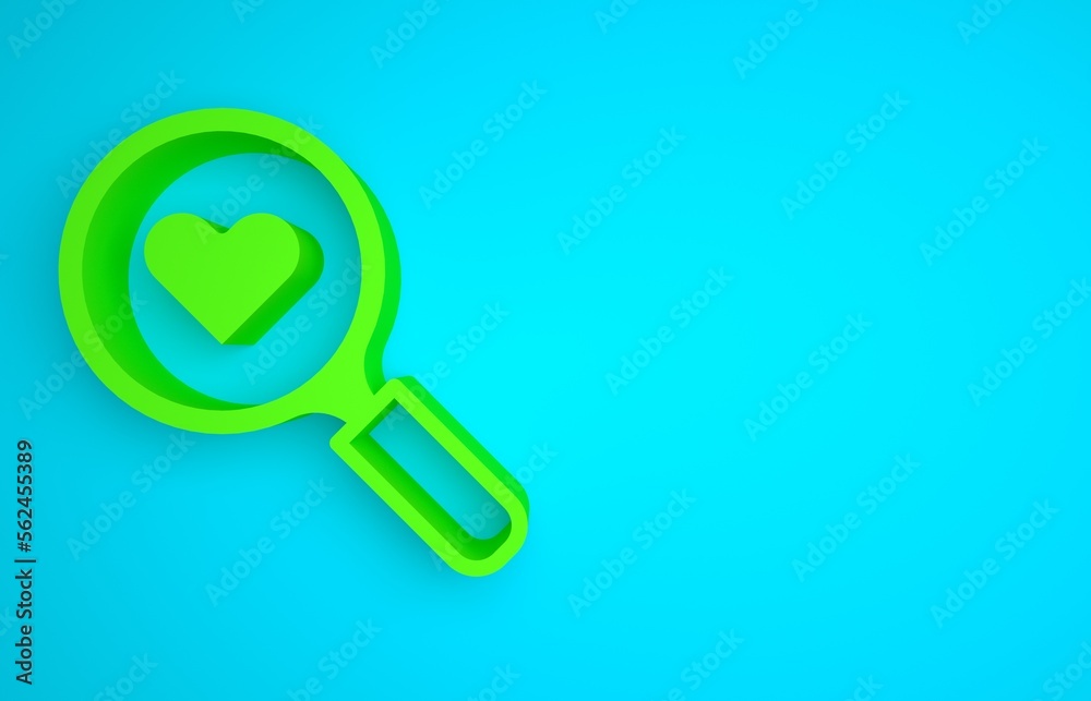 Green Search heart and love icon isolated on blue background. Magnifying glass with heart inside. Ha