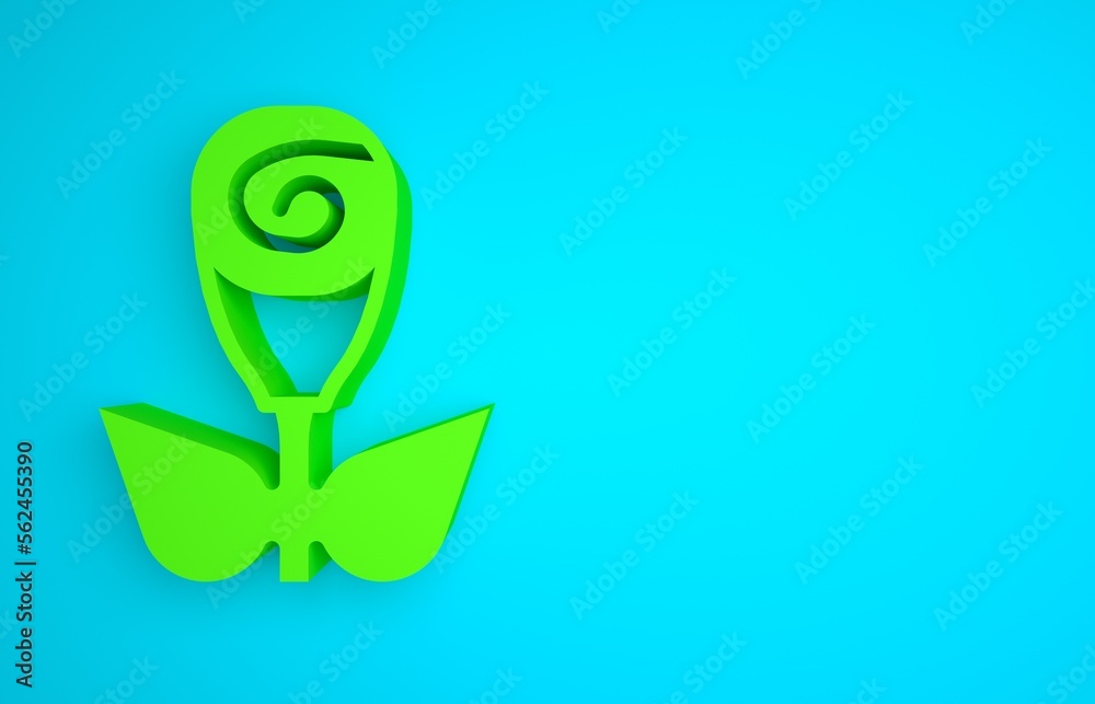 Green Flower rose icon isolated on blue background. Minimalism concept. 3D render illustration