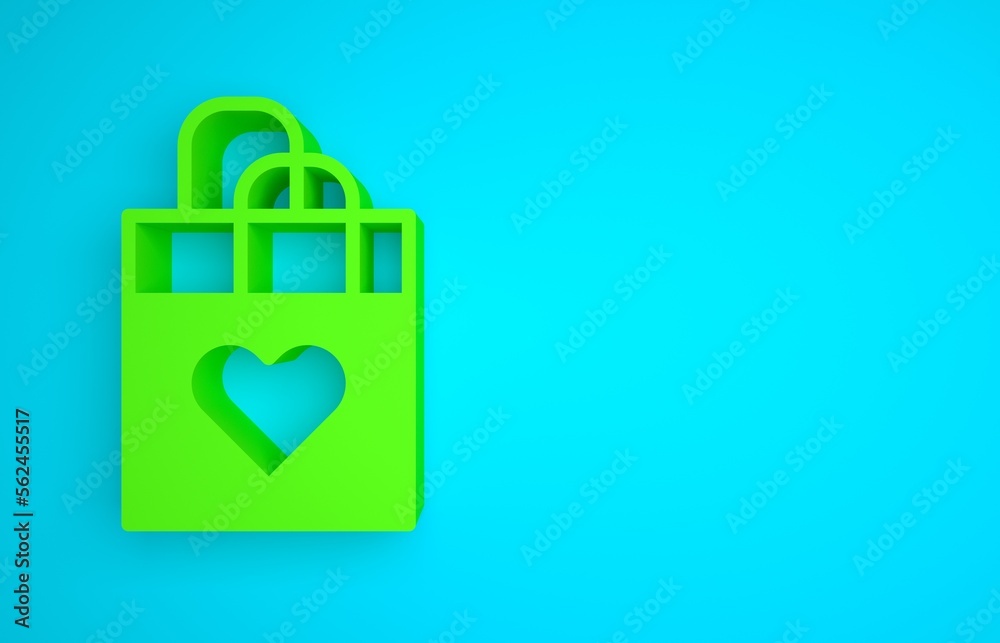 Green Shopping bag with heart icon isolated on blue background. Shopping bag shop love like heart ic