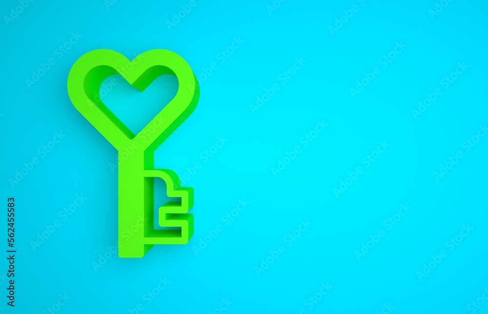 Green Key in heart shape icon isolated on blue background. Happy Valentines day. Minimalism concept.