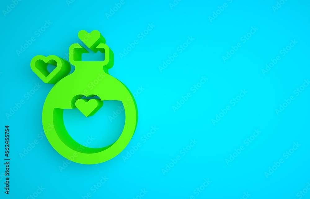 Green Bottle with love potion icon isolated on blue background. Happy Valentines day. Minimalism con