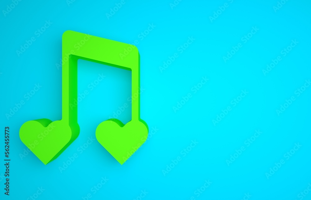 Green Music note, tone with hearts icon isolated on blue background. Happy Valentines day. Minimalis