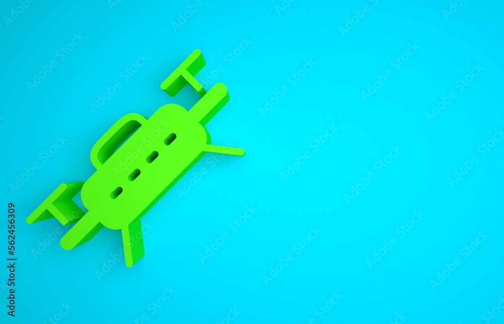 Green Drone flying icon isolated on blue background. Quadrocopter with video and photo camera symbol