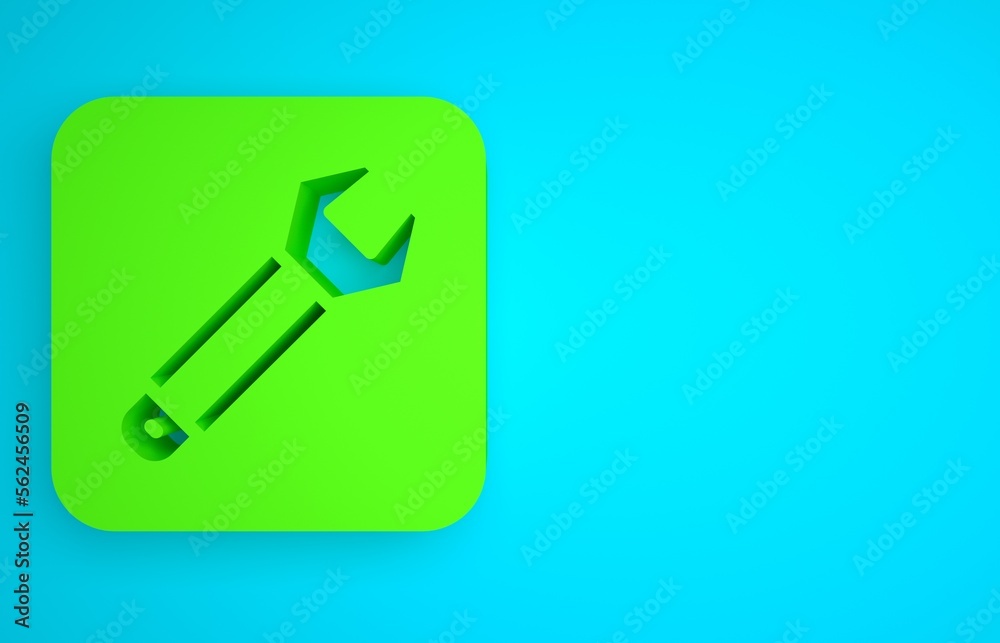 Green Wrench spanner icon isolated on blue background. Spanner repair tool. Service tool symbol. Min