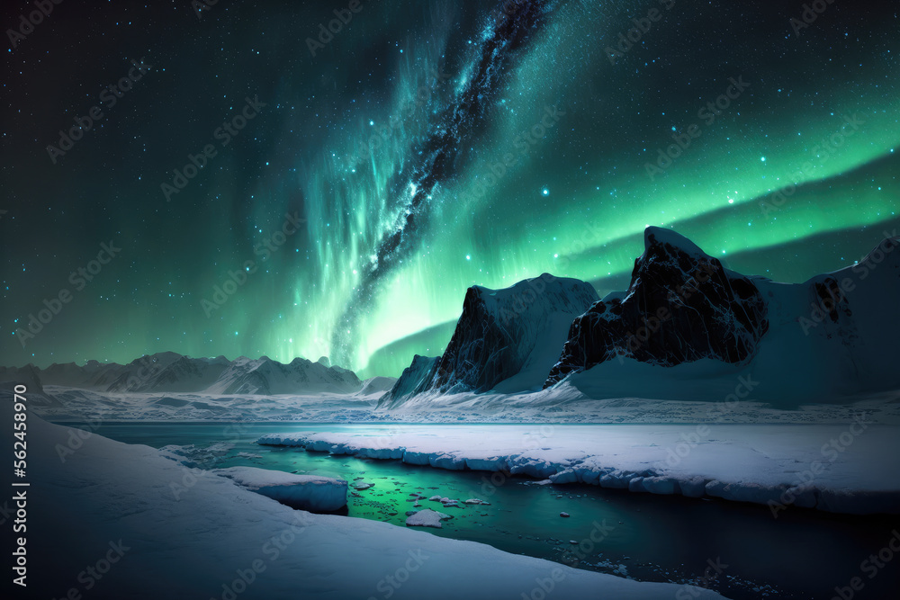 Arctic night landscape with milky way and aurora borealis, generative ai