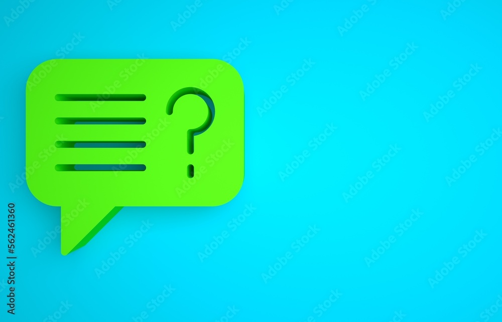 Green Unknown search icon isolated on blue background. Magnifying glass and question mark. Minimalis