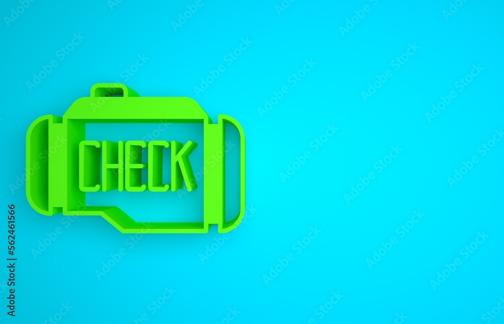 Green Check engine icon isolated on blue background. Minimalism concept. 3D render illustration