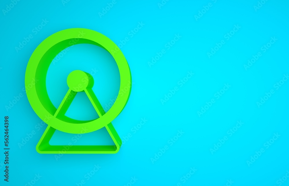 Green Hamster wheel icon isolated on blue background. Wheel for rodents. Pet shop. Minimalism concep