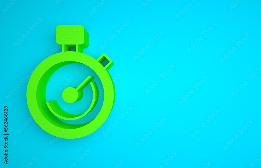 Green Stopwatch icon isolated on blue background. Time timer sign. Chronometer sign. Minimalism conc