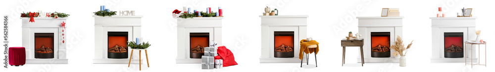 Collage of stylish fireplace with decorations on white background