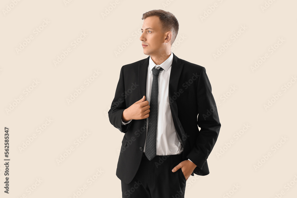 Handsome businessman in suit on light background