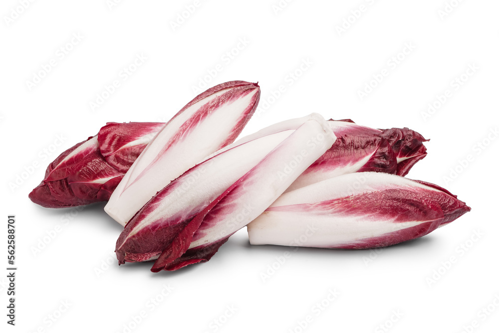 Heap of fresh red endive on white background