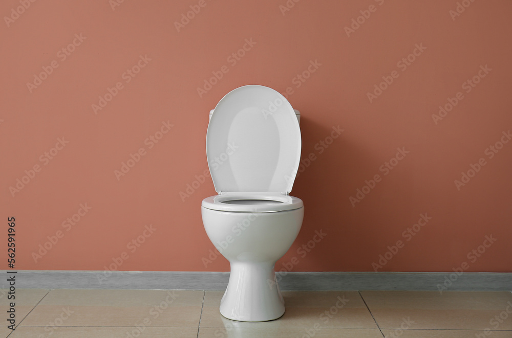 Ceramic toilet bowl near pink wall