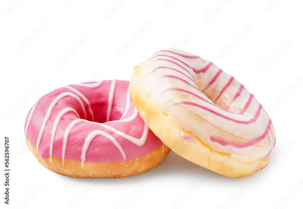 Tasty glazed donuts on white background