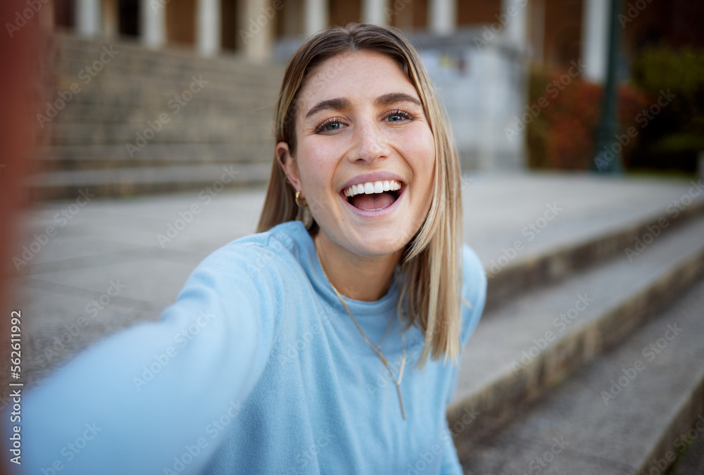 Student, selfie and girl with a smile of education building stairs with happiness for social media. 