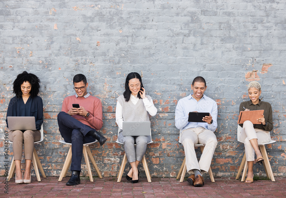 Business people, line and sitting relax with technology for interview meeting, recruitment or compan