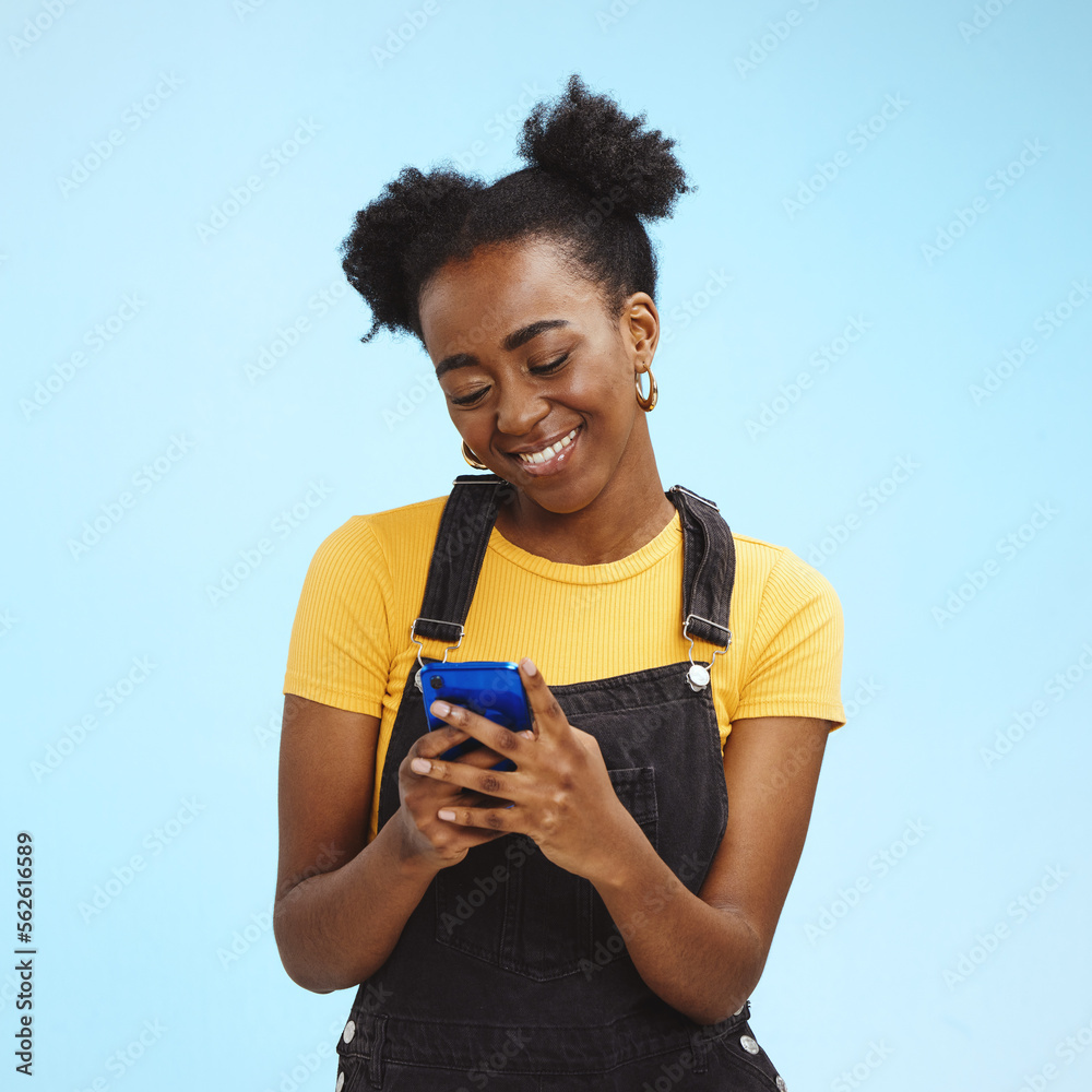 Black woman with smartphone in hands, smile and happy with chat or social media, communication isola