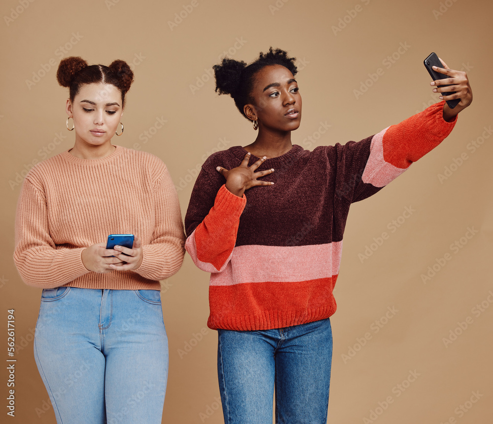 Selfie, trendy friends or women isolated on studio background for social media, profile picture and 