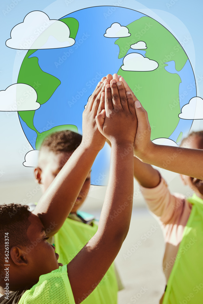 Earth, hands and high five by volunteer children collaboration to support teamwork, help and communi