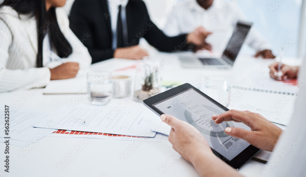 Woman, hands closeup and tablet at business meeting with analytics, planning and fintech with busine