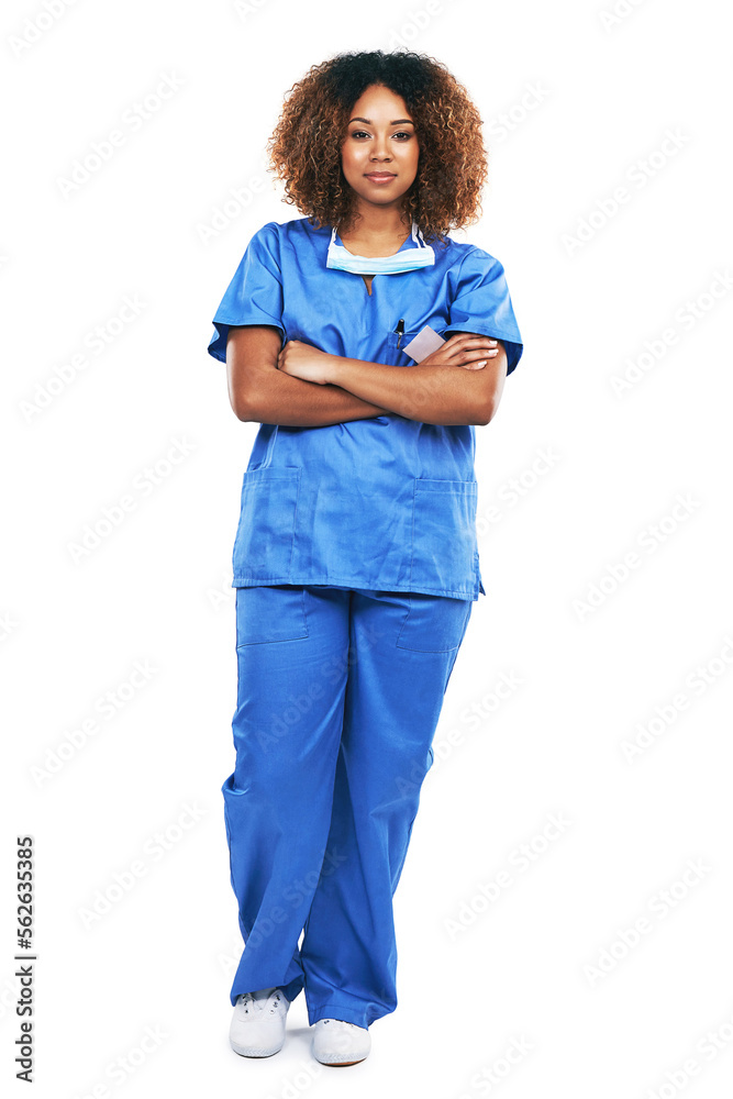 Nurse, portrait and black woman with arms crossed in studio standing isolated on a white background 